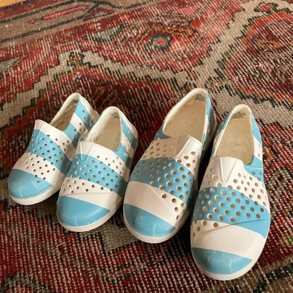 Toms Blue and White Shoes with Slip-On Style and Ventilated Design